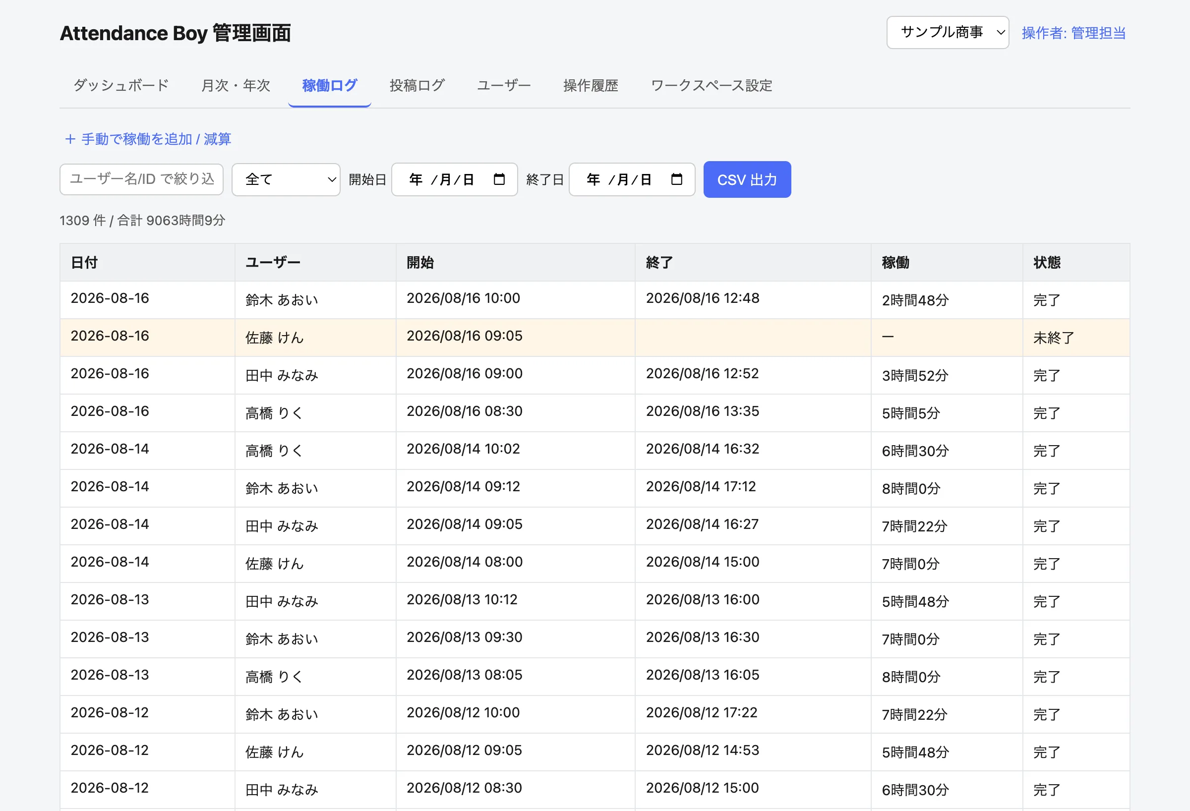 稼働ログの画面。1309件・合計9063時間9分と表示され、未終了の行が黄色く色づいている。
