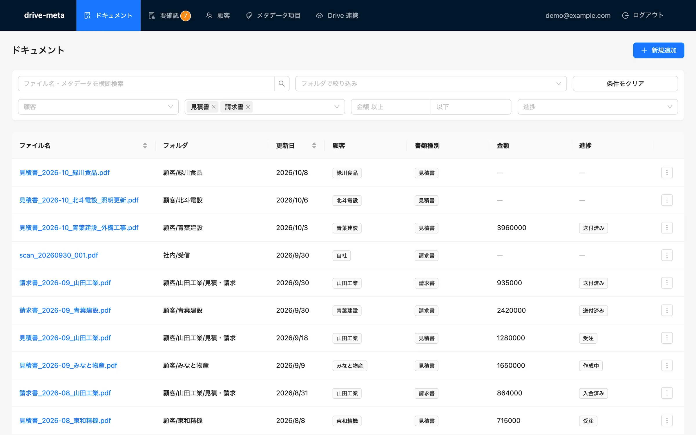 ドライブメタのドキュメント一覧 (デモ用のデータ)。書類種別を見積書と請求書に絞り込み、ファイル名・フォルダ・更新日・顧客・書類種別・金額・進捗の列が並んでいる。